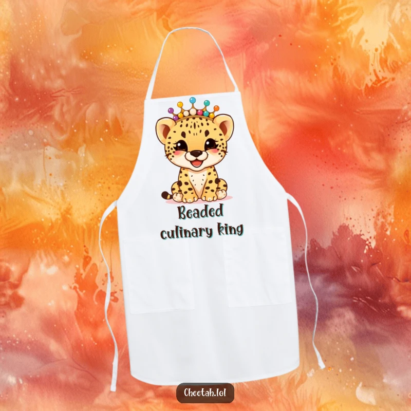 Funny giggling cheetah cub wearing a crown of colorful beads, on a durable apron, perfect for kitchen fun, a great funny gift.