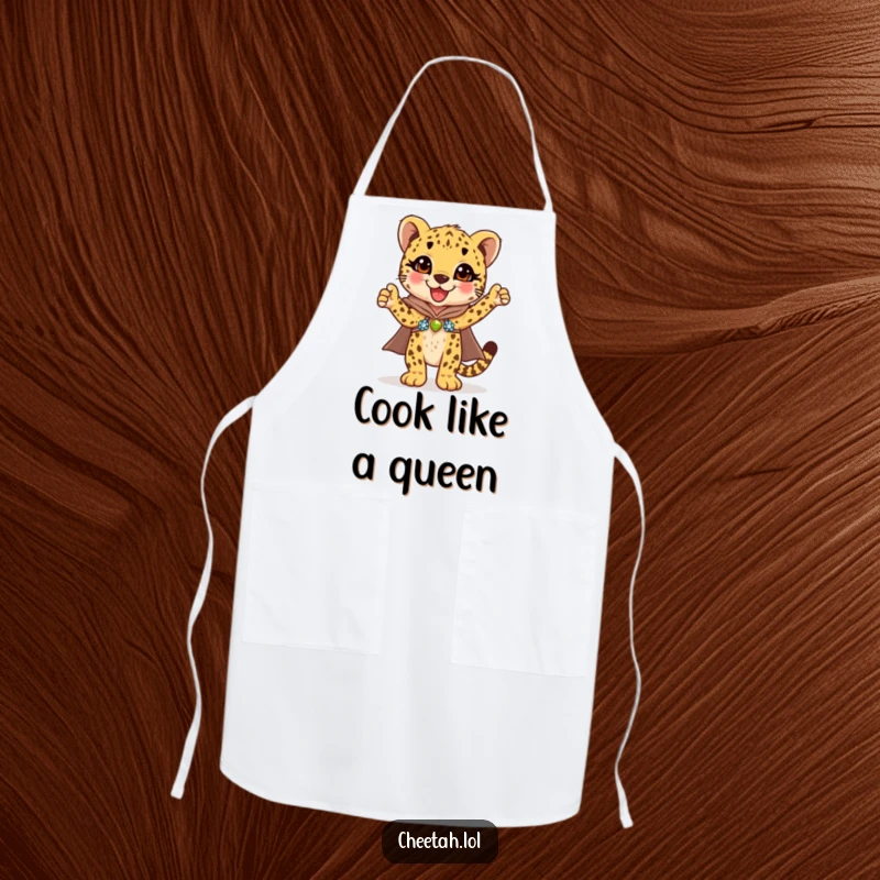 Funny cheetah cub in a dazzling sequined cape striking a triumphant pose, this apron adds sparkle to cooking.