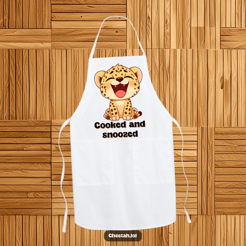 Funny apron designed with a cheetah cub mid-yawn, showing a wide, happy smile, ideal for kitchen fun and relaxed cooking.