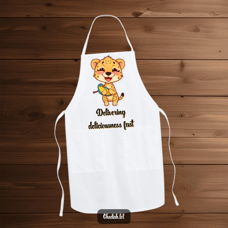 Funny cheetah apron illustrating a smiling cheetah carrying a small, colorful bird, perfect for adding humor to cooking.