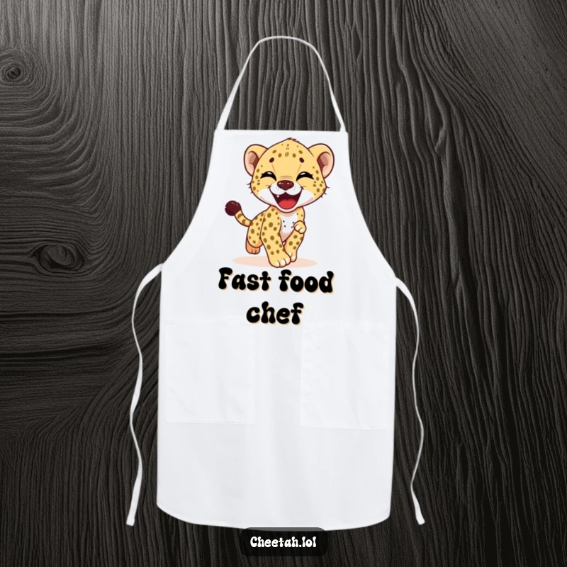 Funny apron illustrating a cheetah cub in a comical and joyful pursuit of its own tail while cooking or baking.
