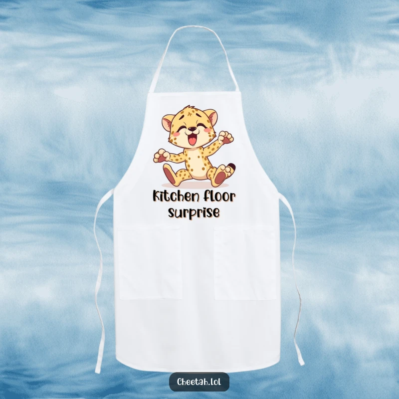 Funny cheetah apron showing a surprised cheetah tripping over its paws, great for cooking and baking.