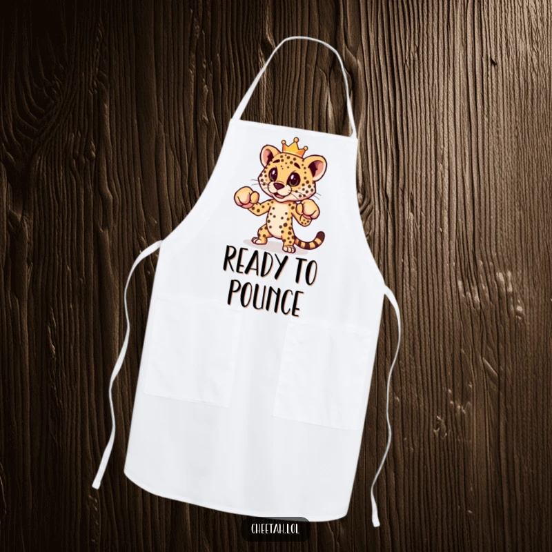 A funny and durable apron with a crowned cheetah in a boxing stance, ready to conquer the kitchen.