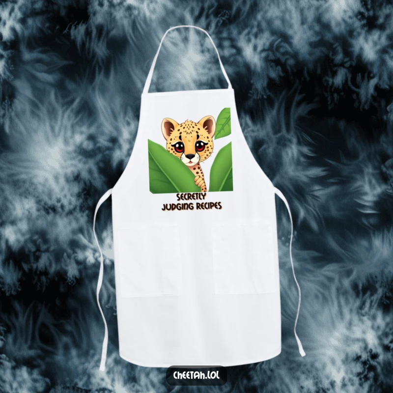 Funny cheetah with large, curious eyes peeking from behind a giant spotted leaf, illustrated on a kitchen apron for a humorous cooking experience.