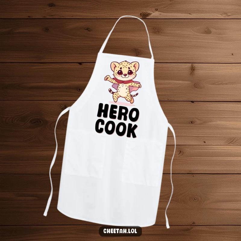 Funny cheetah cub apron showing a cub in a sparkly cape, striking a heroic pose, perfect for humorous kitchen adventures.