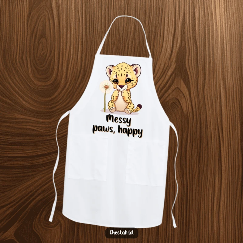 Funny apron depicting a cheetah cub playfully batting at a dandelion, perfect for bakers who enjoy cute and humorous kitchen wear.