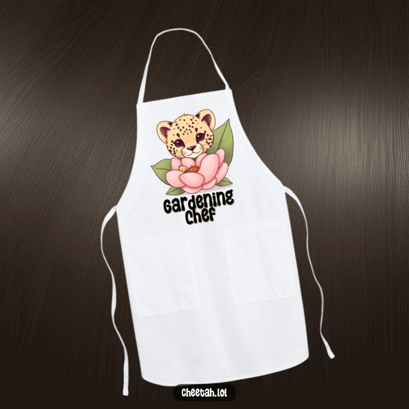 Funny cheetah cub peeking from behind a giant flower on an apron, perfect for a playful cook.