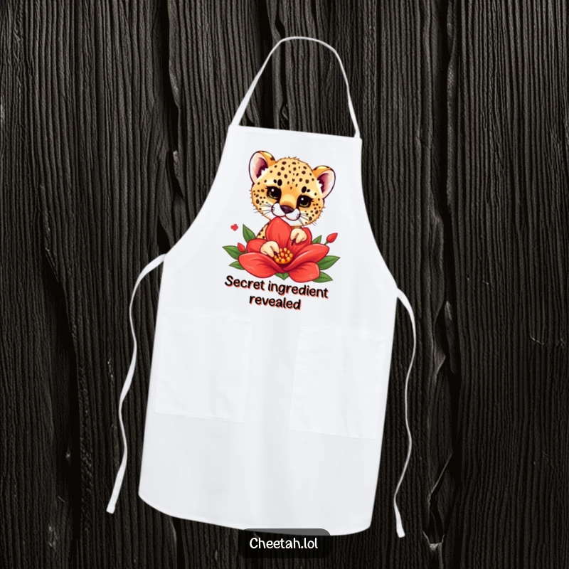 Funny apron showing a cheetah cub playfully peeking from behind a bright red flower, adding a whimsical touch to kitchen wear.