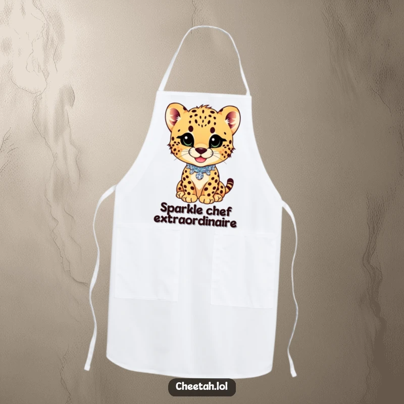 Funny cheetah cub with a playful smirk and glittery collar on an apron, perfect for a sassy chef.