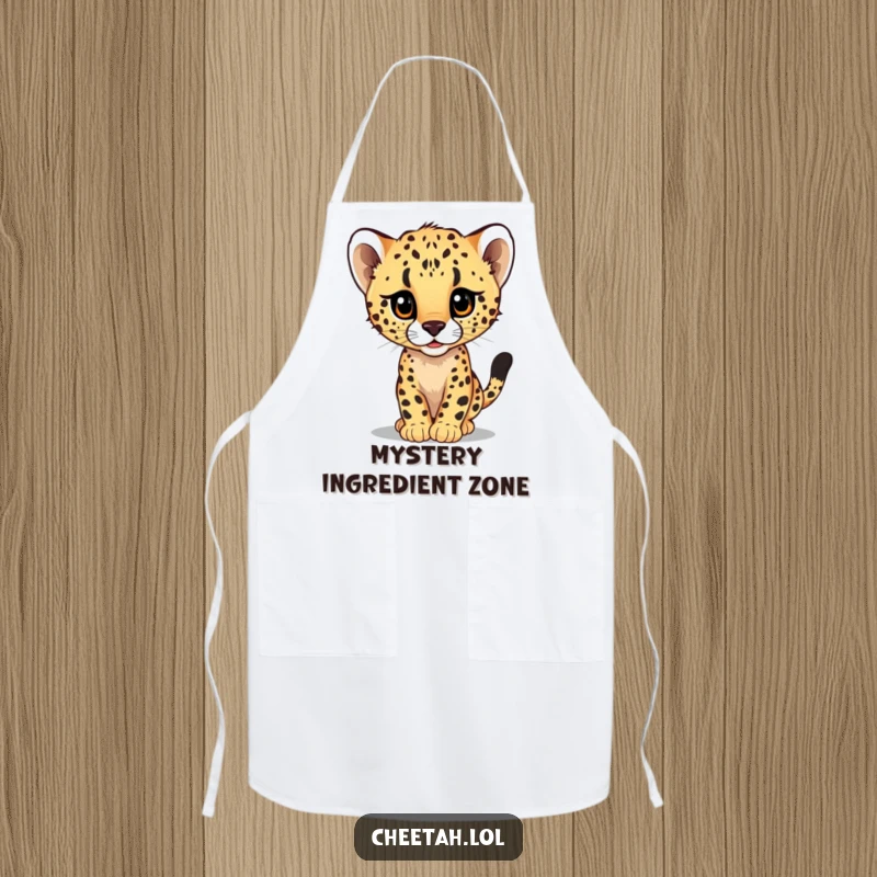 Funny kitchen apron with a curious cheetah cub peeking from a giant speeding blur, perfect for adding humor to cooking.