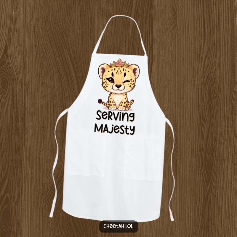 Funny cheetah cub winking, adjusting a tiny tiara, on a durable apron, perfect for a playful cook.