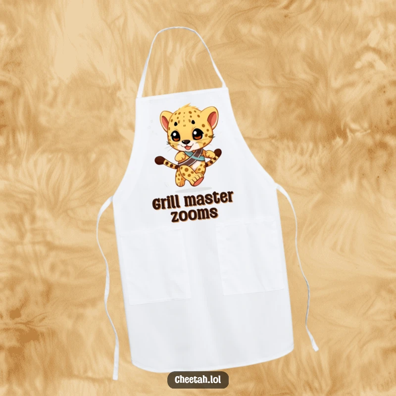 Funny Apron showcasing a cheetah cub wearing a winner's sash, racing with a blurred background, designed for chefs who love speed and humor.