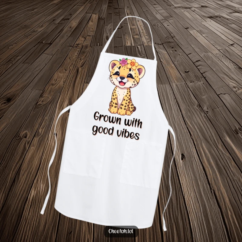Funny kitchen apron featuring a cheerful cheetah cub giggling, adorned with a cute flower crown, perfect for cooking and baking.