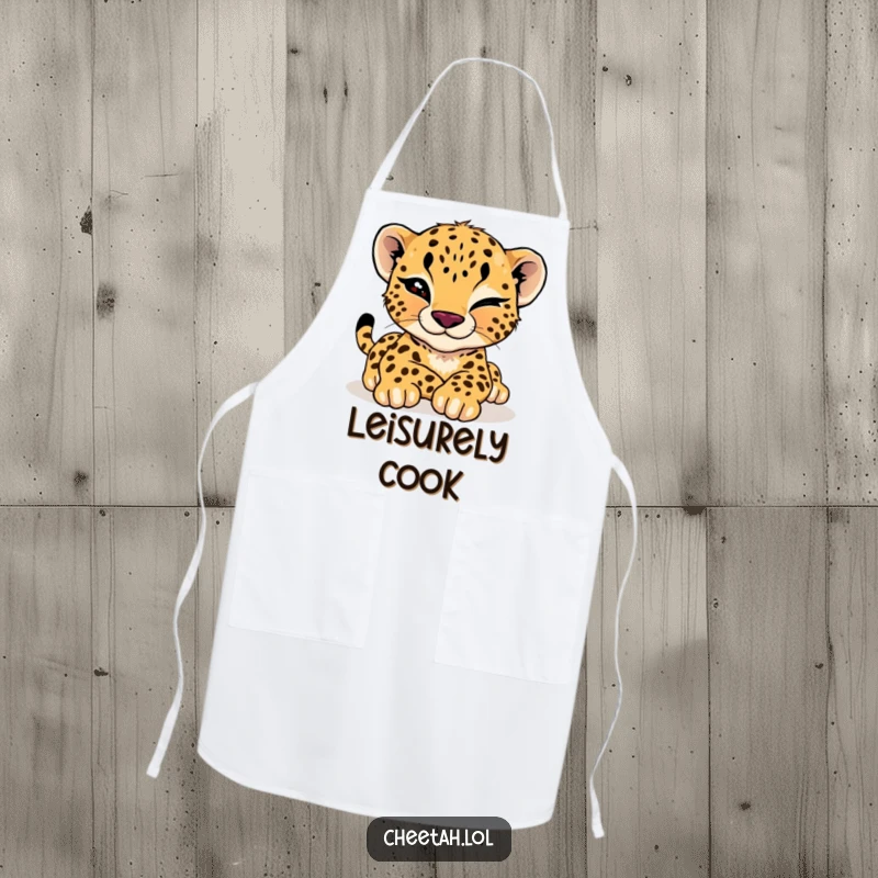 Funny cheetah cub apron showing a cool cub giving a wink while stretching, perfect for a stylish cook.