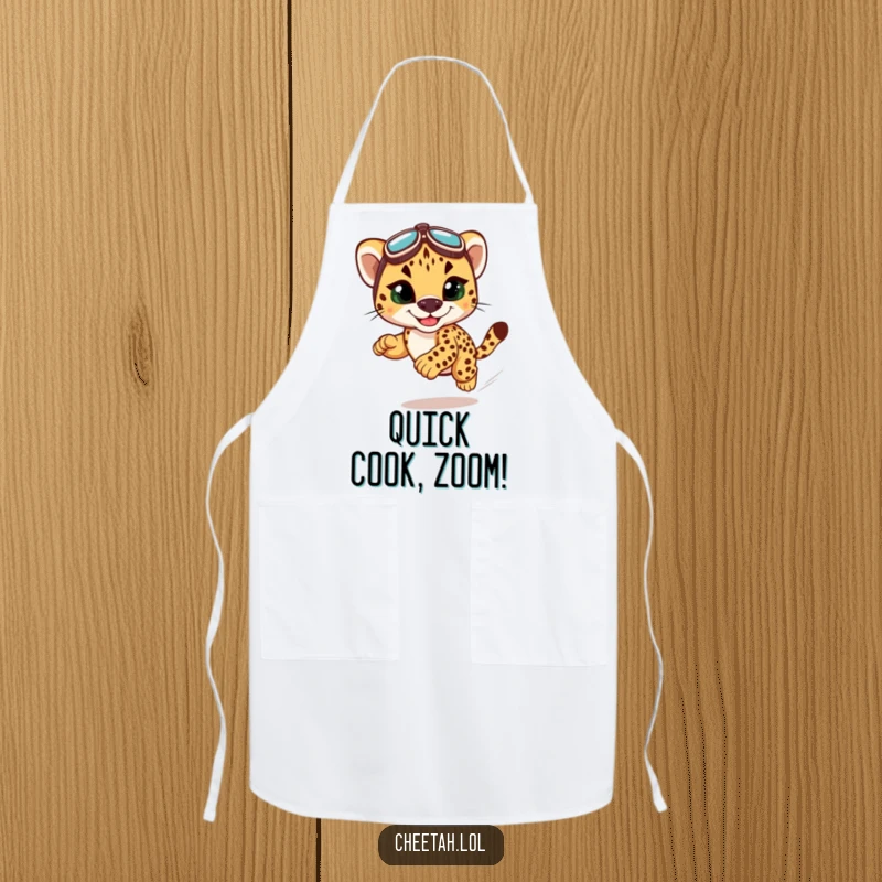 Funny cheetah cub racing apron, perfect for chefs who want to add humor and speed to their kitchen attire.