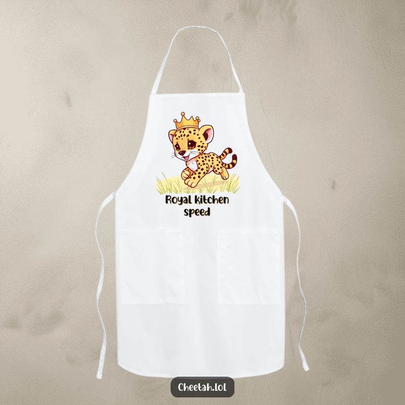 Funny cheetah cub wearing a crown, zooming playfully, on a durable apron, perfect for cooking and kitchen fun, a great funny gift.
