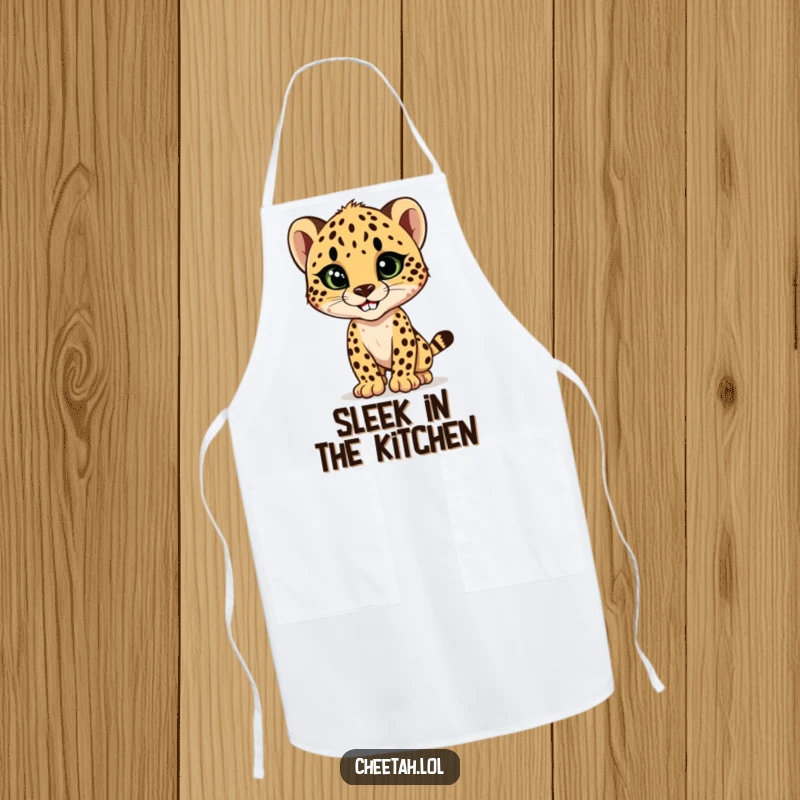 Funny cheetah cub striking a sleek, stylish pose with a confident grin, a humorous and practical apron for stylish cooks.
