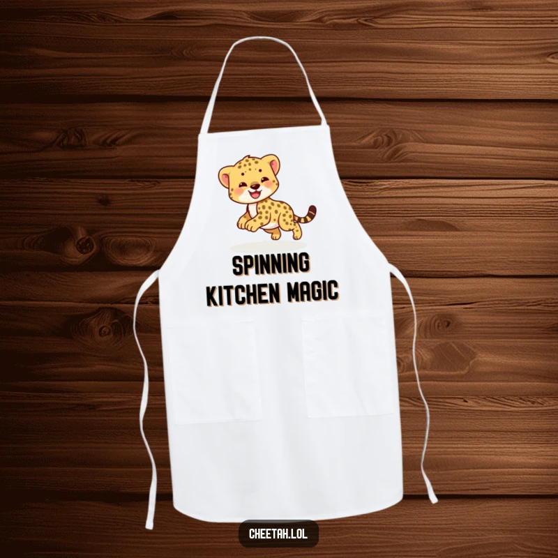 Funny cheetah cub apron with a smiling cub playing chase. Kitchen wear.