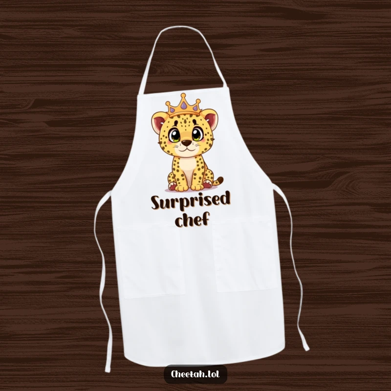 Funny cheetah cub apron showing a crowned cub looking surprised with curious eyes, perfect for humorous kitchen tasks.