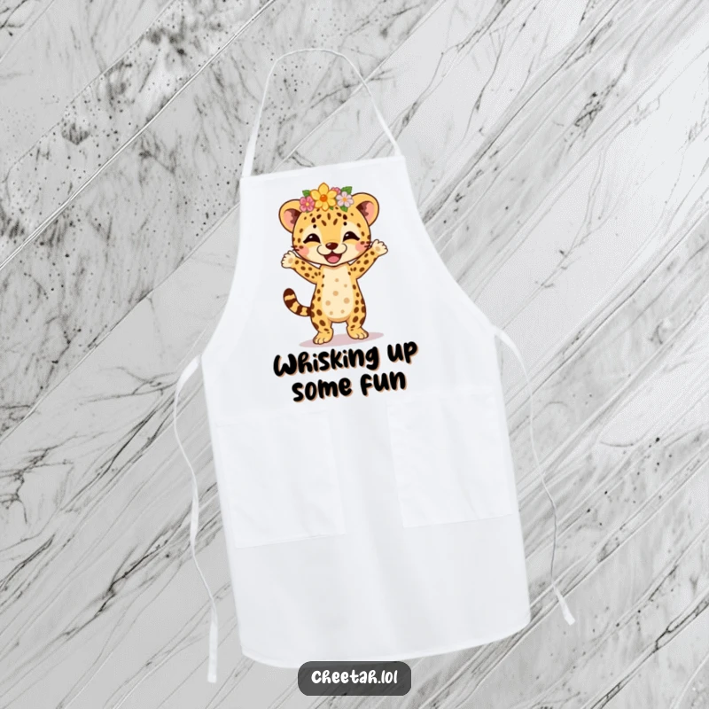 Funny cheetah cub wearing a flower crown, joyfully performing an energetic jig, illustrated on a kitchen apron for a humorous cooking experience.