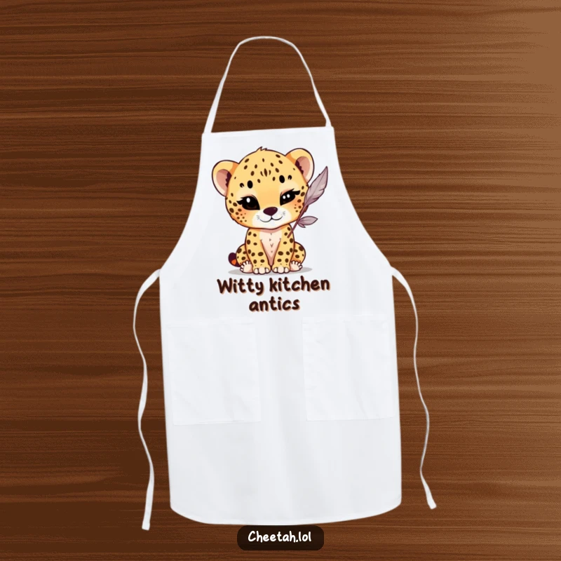 Funny Apron showcasing a cheetah cub with a playful wink, batting at a dangling feather, designed for cooks who love a touch of humor.