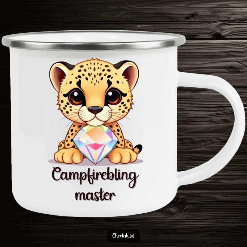 Funny cheetah cub balancing a large, shiny jewel on its nose, on a sturdy camping mug, for outdoor enthusiasts.