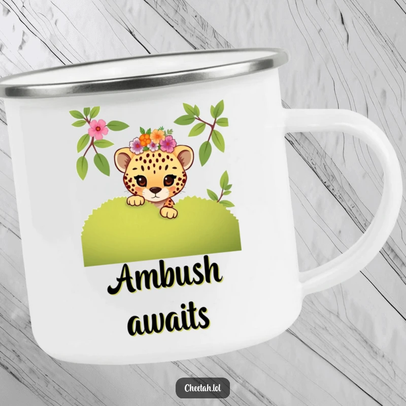 Funny mischievous cheetah cub in a floral crown peeking, this camping mug adds playful charm to adventures.