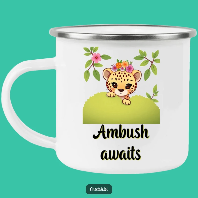 Funny Mischievous Cheetah Cub Floral Camping Mug: Playful Outdoor Gift