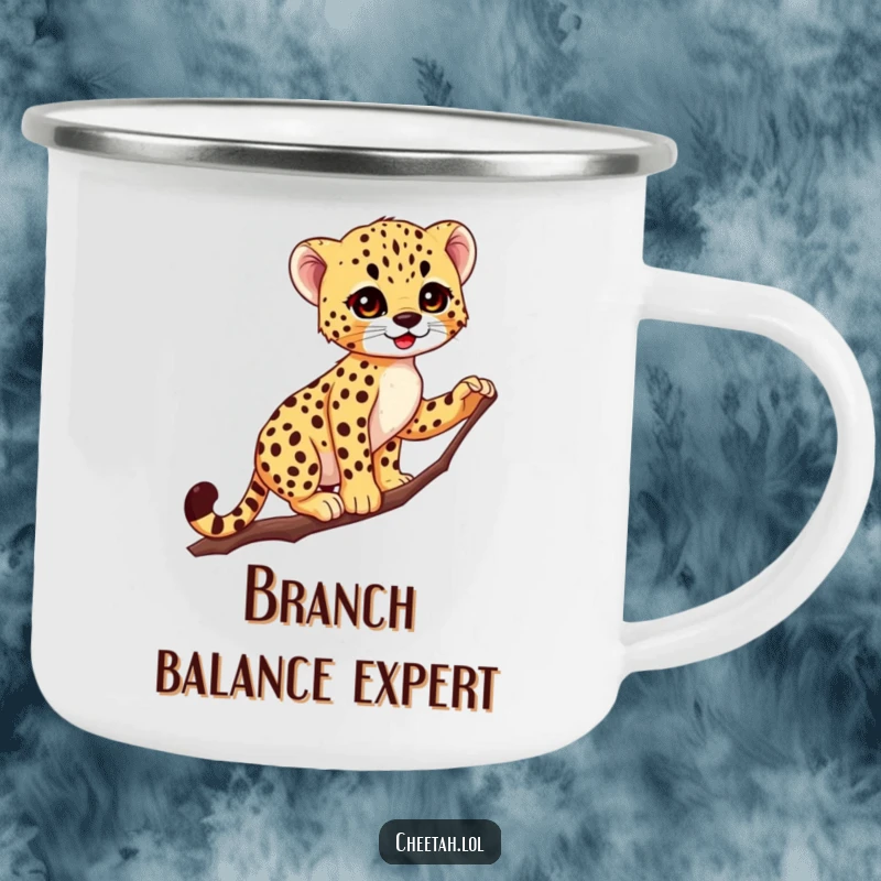 Funny Cheetah Cub Camping Mug: Cute spotted cub balances on a thin branch, perfect for enjoying beverages outdoors with style.