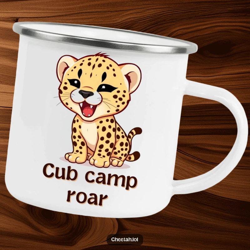 Funny camping mug with a cheetah cub practicing its roar with a tiny, fierce expression, ready for humorous outdoor adventures.