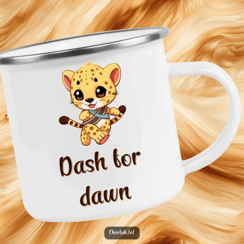 Funny Camping Mug featuring a cheetah cub with a winner's sash, racing with a blurred background, ideal for enjoying drinks with spirited humor.