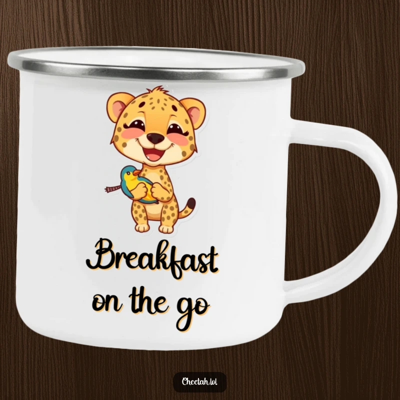 Funny cheetah camping mug featuring a wide-smiling cheetah carrying a small, colorful bird, built for fun adventures.