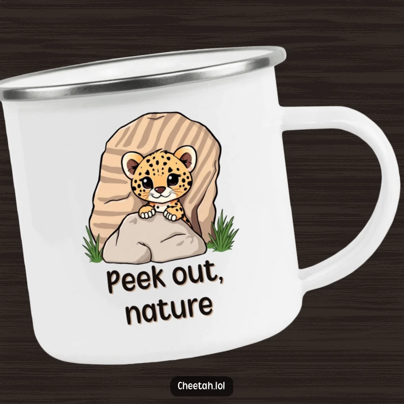 Funny cheetah cub peeking from a striped rock on a rugged camping mug, adding playful charm for screen readers.
