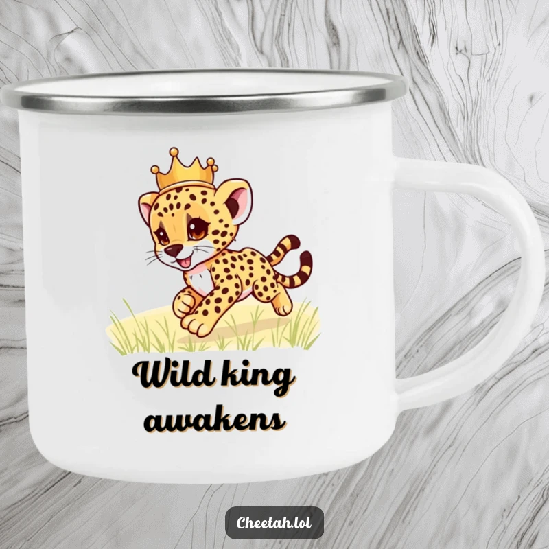 Funny cheetah cub wearing a crown, zooming playfully, on a sturdy camping mug, ready for adventures, a hilarious funny gift.