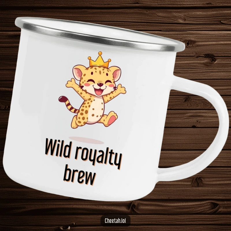 Funny cheetah cub camping mug featuring a crowned cub in a joyful leap, ready for the outdoors.