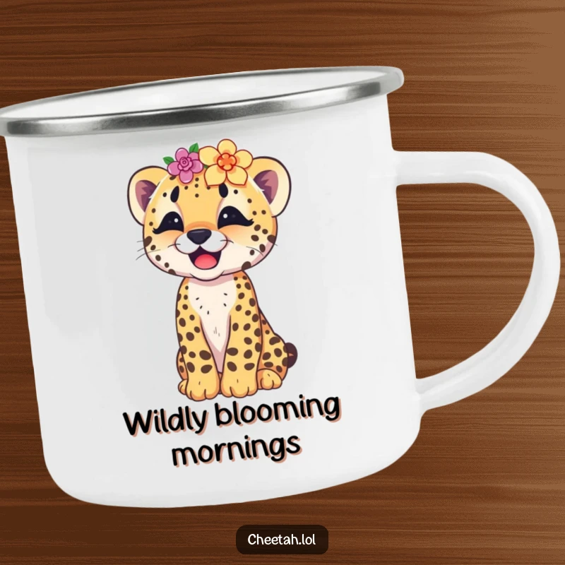 Funny enamel camping mug featuring a giggling cheetah cub with a flower crown, perfect for outdoor sipping and smiles.