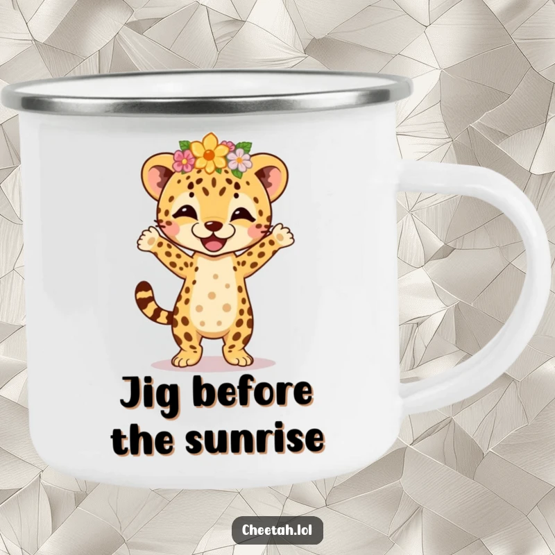 Funny cheetah cub wearing a flower crown, joyfully performing an energetic jig, printed on a durable camping mug for outdoor enjoyment.