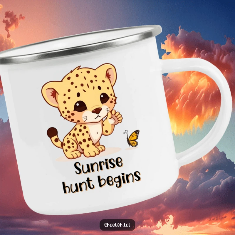 Funny camping mug depicting a cheetah cub hilariously attempting to pounce on a tiny butterfly, ready for outdoor adventures and laughter.