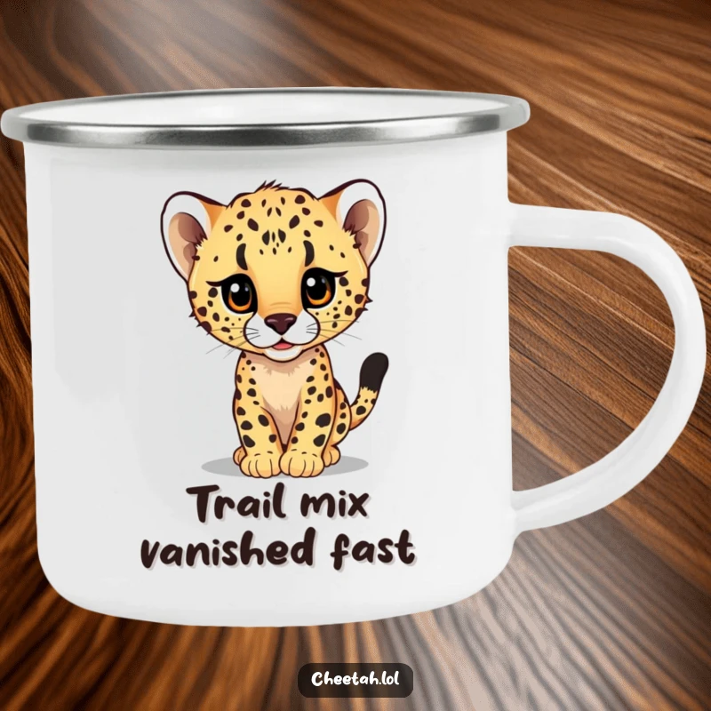 Funny enamel camping mug depicting a cheetah cub peeking from a fast blur, perfect for enjoying drinks outdoors with humor.