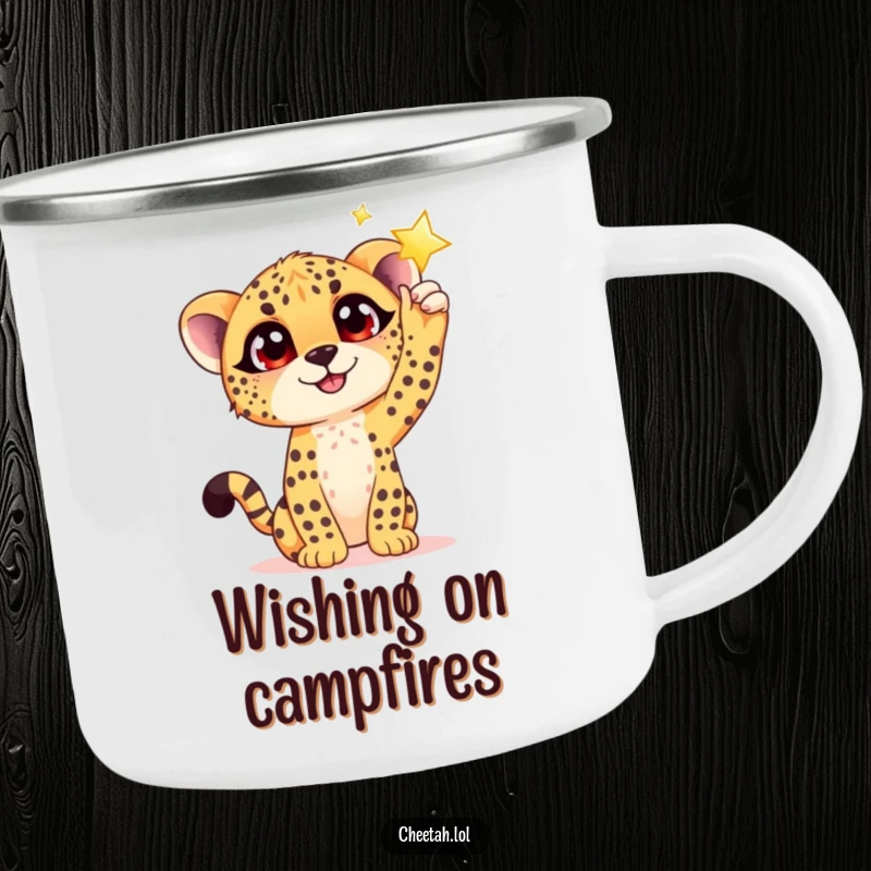 Funny enamel camping mug depicting a hopeful cheetah cub reaching for a shimmering star, perfect for outdoor sipping and dreaming.