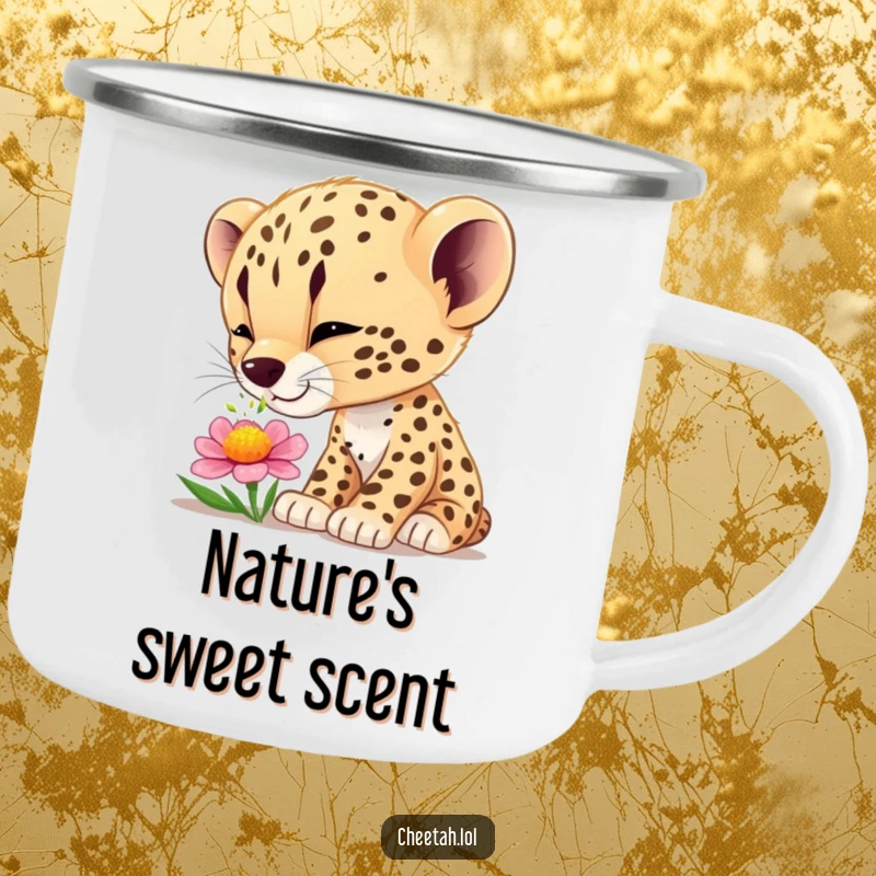 Funny cheetah cub wonder camping mug, designed for outdoor enjoyment with a humorous, nature-inspired theme.