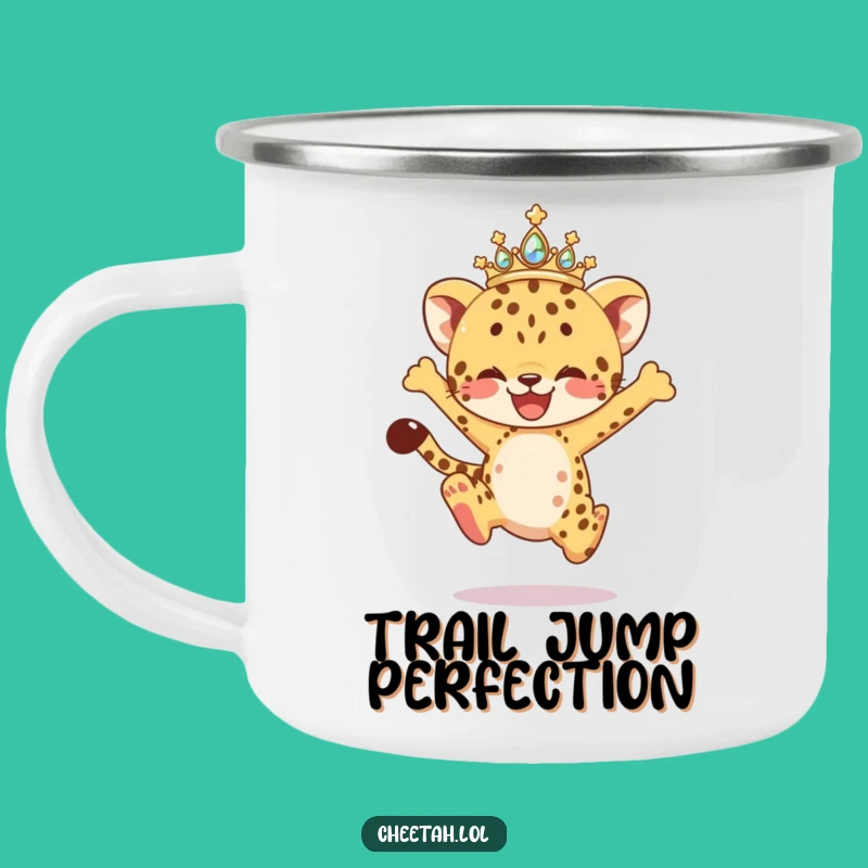 Funny Leaping Cheetah Cub Camping Mug: Sparkling Tiara Drinkware, Joyful Gift