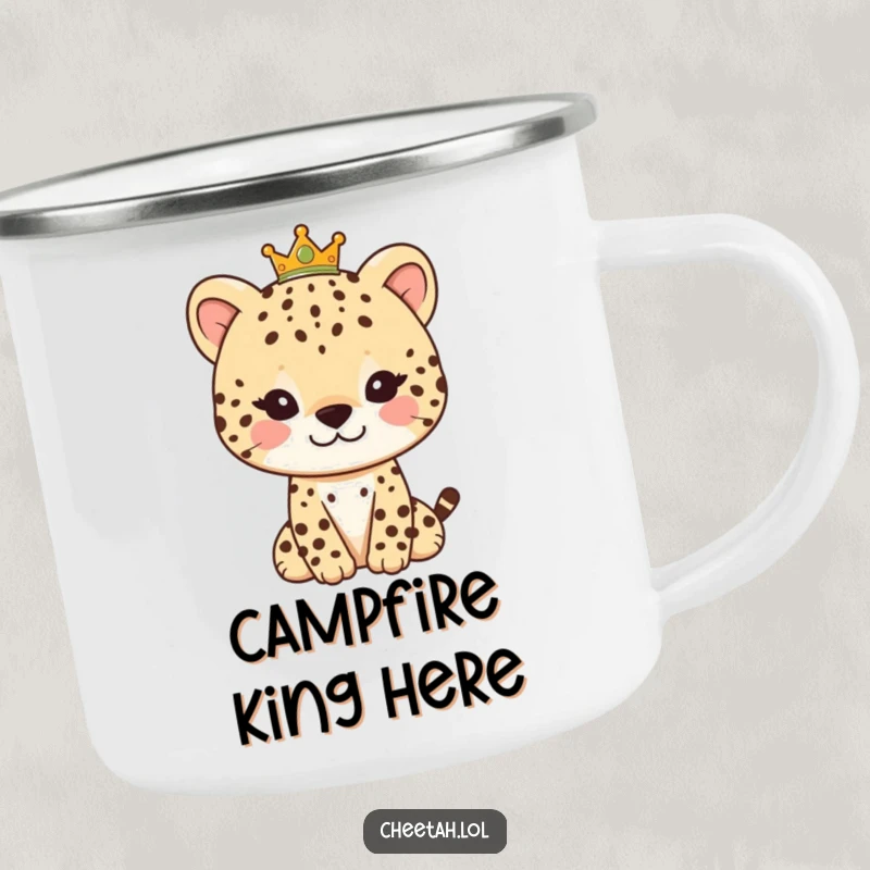 Funny enamel camping mug depicting a gentle cheetah character with a small crown, perfect for enjoying drinks outdoors with regal humor.