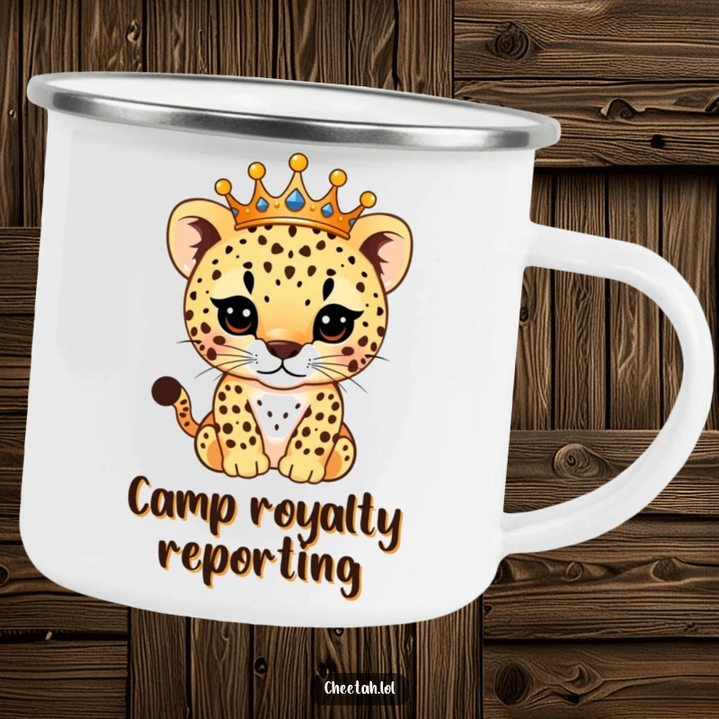 Funny Camping Mug featuring a regal cheetah cub with a sparkling crown, its spots glittering, ideal for enjoying beverages outdoors with royal humor.