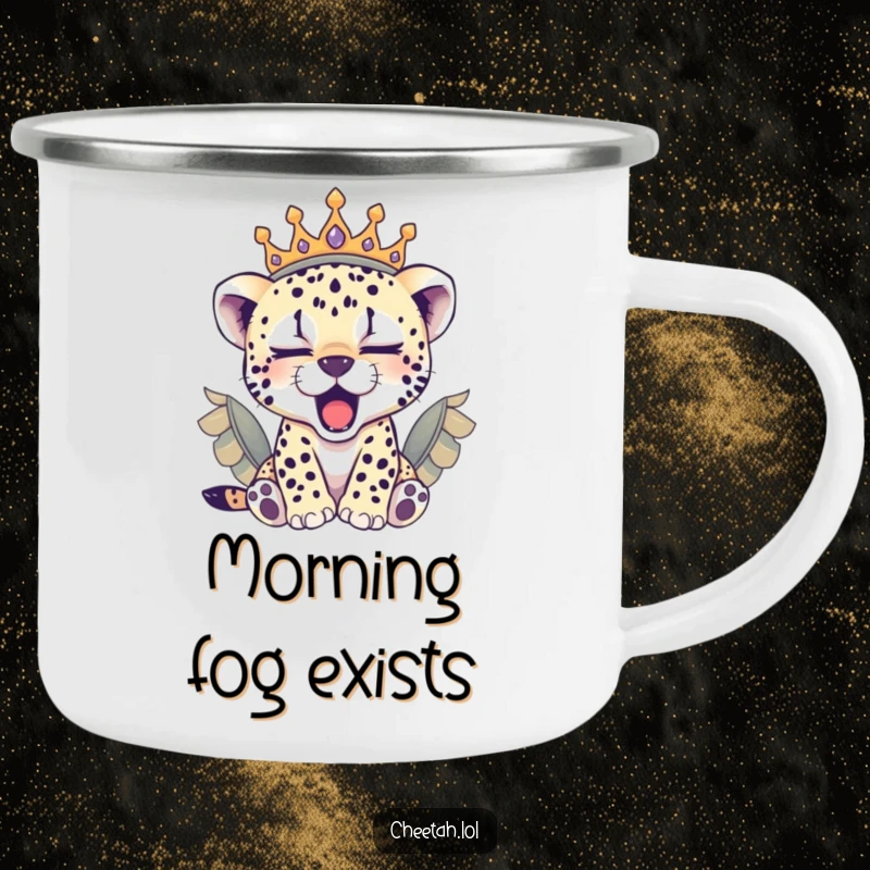 Funny sleepy cheetah cub in a feathered crown yawning by a campfire, this camping mug is a cozy gift.