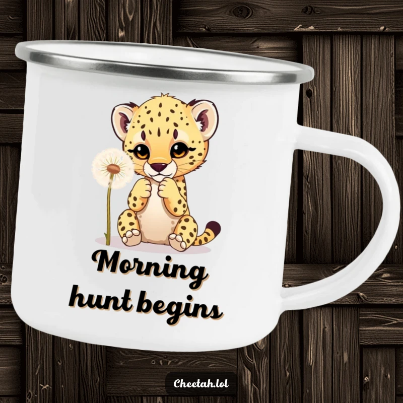Funny camping mug showing a cheetah cub playfully batting at a dandelion, perfect for enjoying beverages during outdoor adventures.