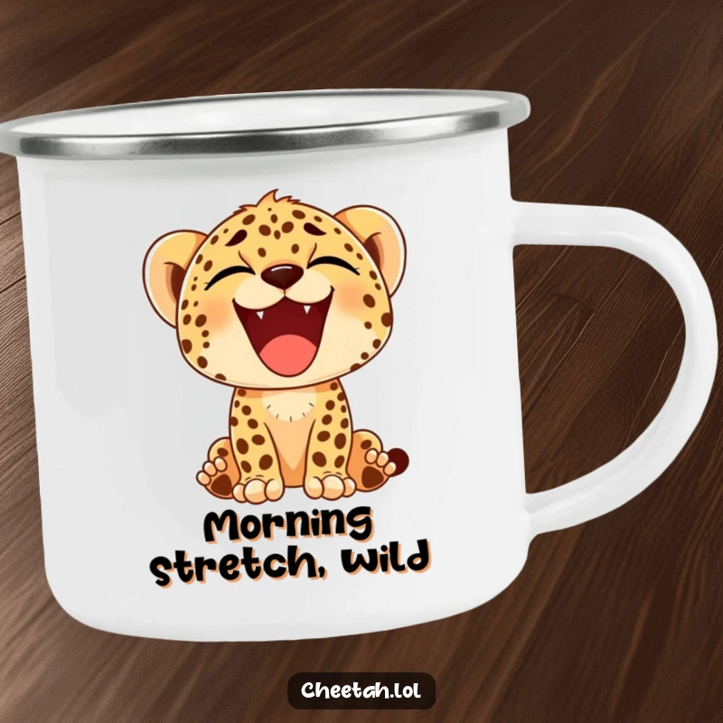 Funny camping mug with a cheetah cub yawning a big, happy smile, perfect for enjoying beverages during outdoor excursions.