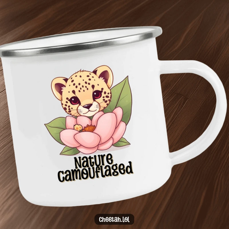 Funny cheetah cub peeking from behind a giant flower on a camping mug, celebrating nature's surprises.