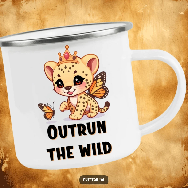 Funny cheetah cub wearing a tiara, playfully racing a butterfly, on a sturdy camping mug, for whimsical adventures, a funny gift.