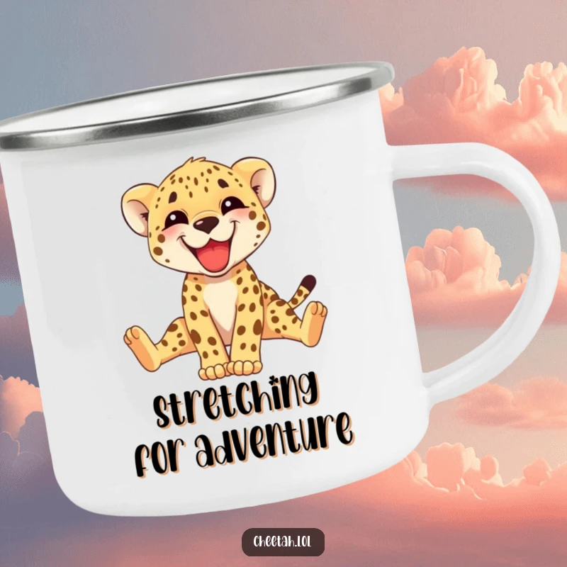 Funny cheetah cub camping mug with a grinning cub stretching its long legs, perfect for any outdoor escapade. A cool gift.